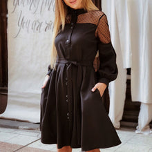 Load image into Gallery viewer, Women Sexy Lace Patchwork a Line Party Dress Ladies Long Puff Sleeve Stand Collar Elegant Dress 2019 Fashion Women Knee Dress