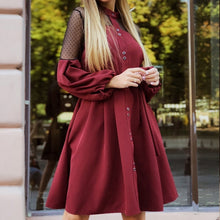 Load image into Gallery viewer, Women Sexy Lace Patchwork a Line Party Dress Ladies Long Puff Sleeve Stand Collar Elegant Dress 2019 Fashion Women Knee Dress