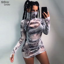 Load image into Gallery viewer, Sisterlinda Mesh Material Bodycon Mini Dress Women Turtleneck See-through Dragon Print Party Dress 2019 Autumn Skinny Vestidos