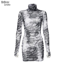 Load image into Gallery viewer, Sisterlinda Mesh Material Bodycon Mini Dress Women Turtleneck See-through Dragon Print Party Dress 2019 Autumn Skinny Vestidos