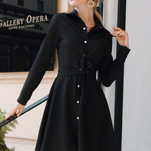 Load image into Gallery viewer, Women Vintage Front Button Sashes A-line Party Dress Long Sleeve Turn Down Collar Solid Elegant Dress 2019 Autumn Fashion Dress