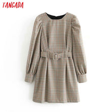 Load image into Gallery viewer, Tangada England fashion women plaid pattern dress with belt o neck Long Sleeve Ladies mini Dress Vestidos 6P17