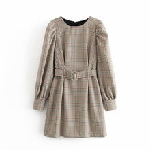 Load image into Gallery viewer, Tangada England fashion women plaid pattern dress with belt o neck Long Sleeve Ladies mini Dress Vestidos 6P17