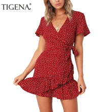 Load image into Gallery viewer, TIGENA Ruffles Polka Dot Dress Women With Belt 2019 Sexy V-neck Tunic Boho Beach Summer Dress and Sundress Robe Femme Blue Red