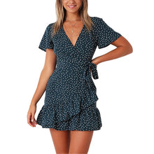 Load image into Gallery viewer, TIGENA Ruffles Polka Dot Dress Women With Belt 2019 Sexy V-neck Tunic Boho Beach Summer Dress and Sundress Robe Femme Blue Red