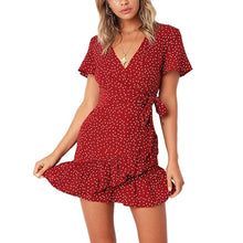 Load image into Gallery viewer, TIGENA Ruffles Polka Dot Dress Women With Belt 2019 Sexy V-neck Tunic Boho Beach Summer Dress and Sundress Robe Femme Blue Red